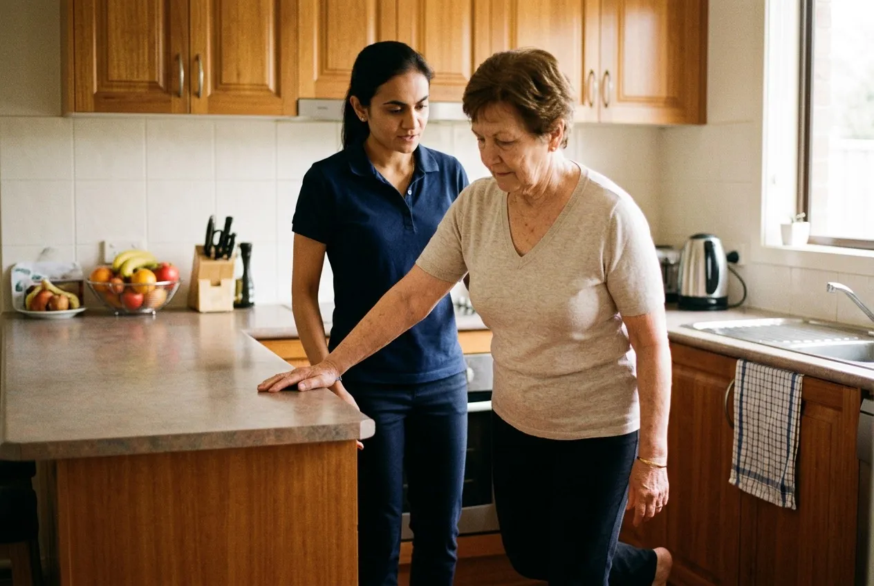 A physiotherapist guiding an older woman through a standing balance exercise in her kitchen