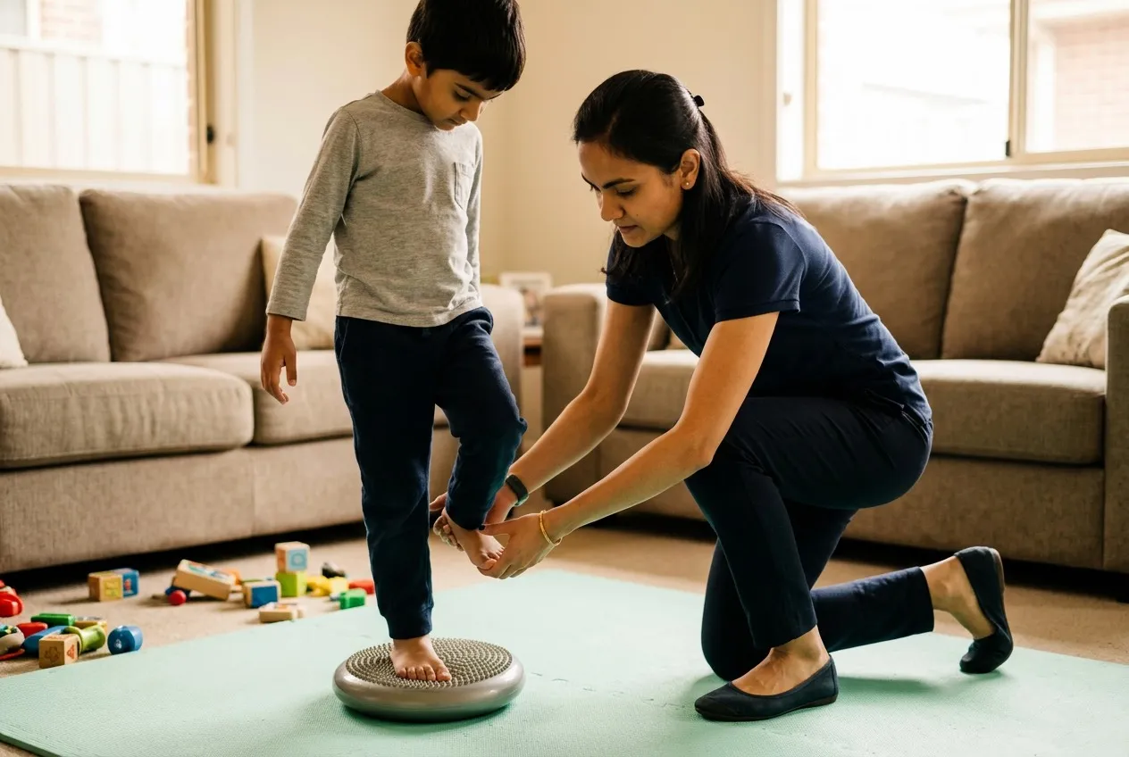 A physiotherapist helping a young boy balance during a therapy session in his living room