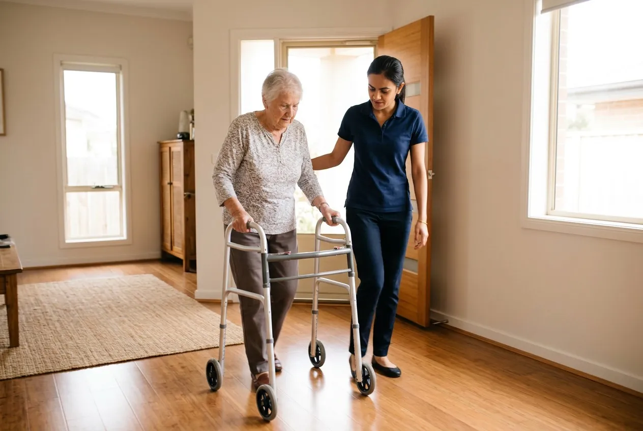 A physiotherapist supporting an older woman as she walks with a wheeled frame at home
