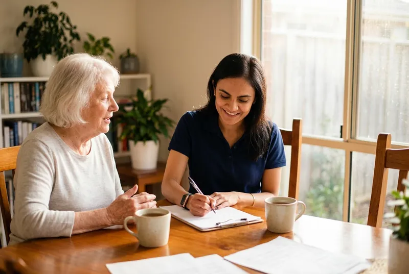 A physiotherapist and an older woman going through an assessment together at her kitchen table