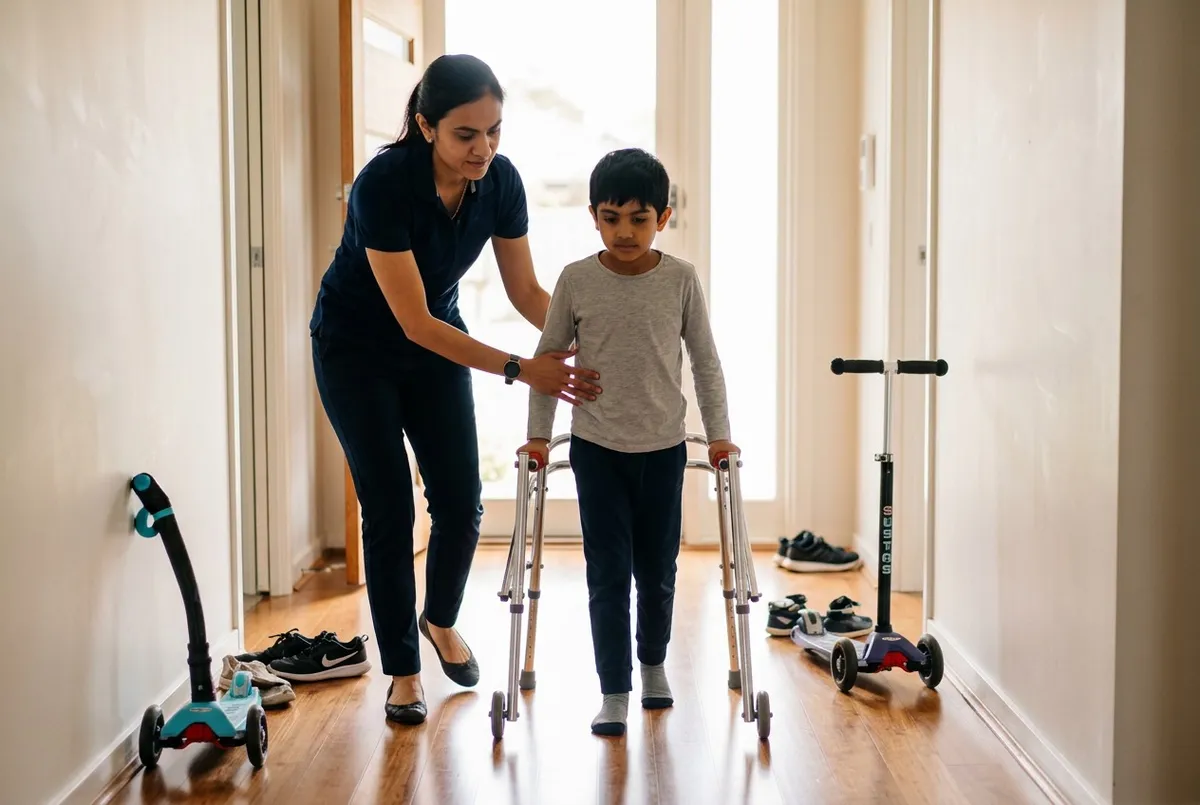 A physiotherapist supporting a young boy as he walks with a frame down the hallway at home