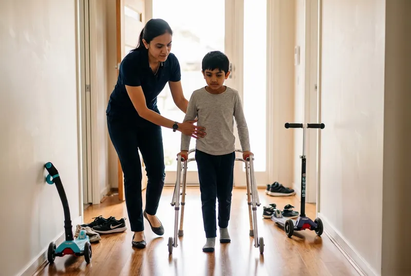 A physiotherapist supporting a young boy as he walks with a frame down the hallway at home