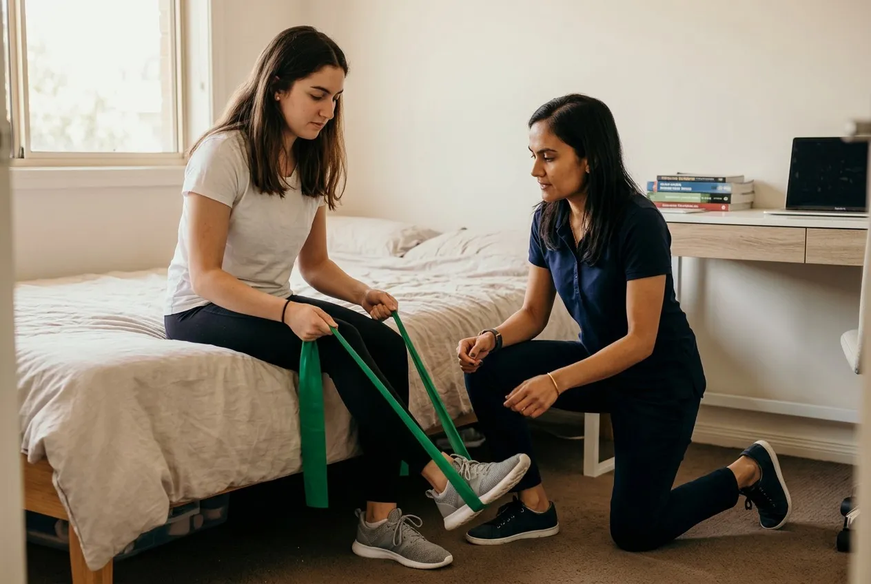 A physiotherapist guiding a young woman through a resistance band exercise at home